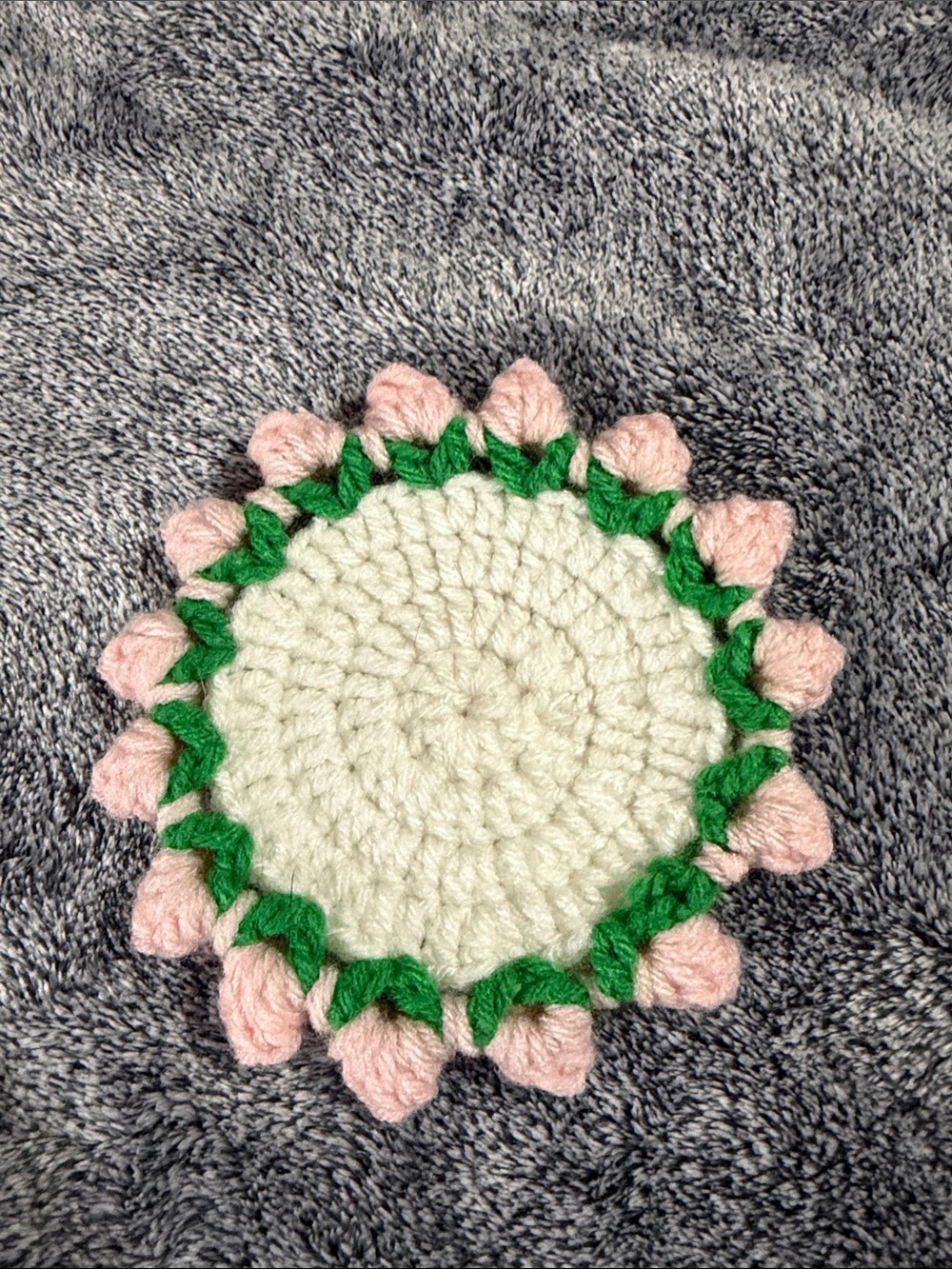 Handmade Crocheted Round Coaster with Pink Petal Edge